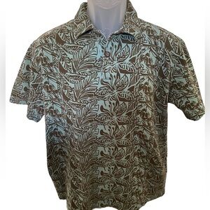 CRAZY SHIRTS Hawaiian Polo Green & Brown Floral Shirt Men M Medium